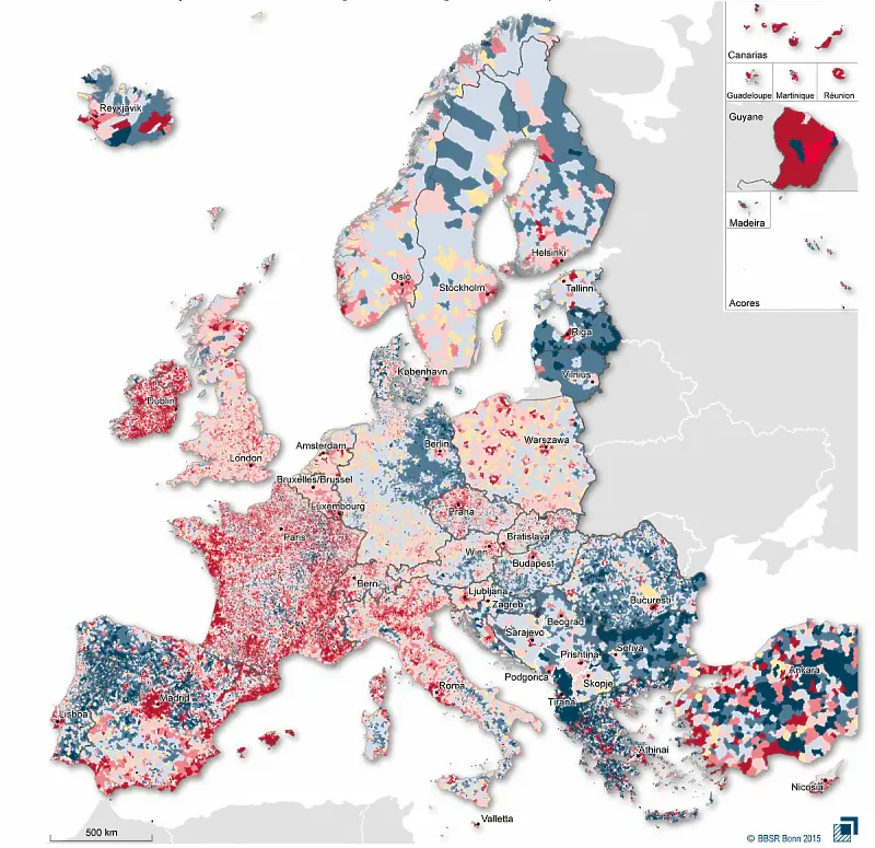 Най-подробната карта на демографските тенденции в Европа досега.&nbsp;

Източник: BigThink.com
